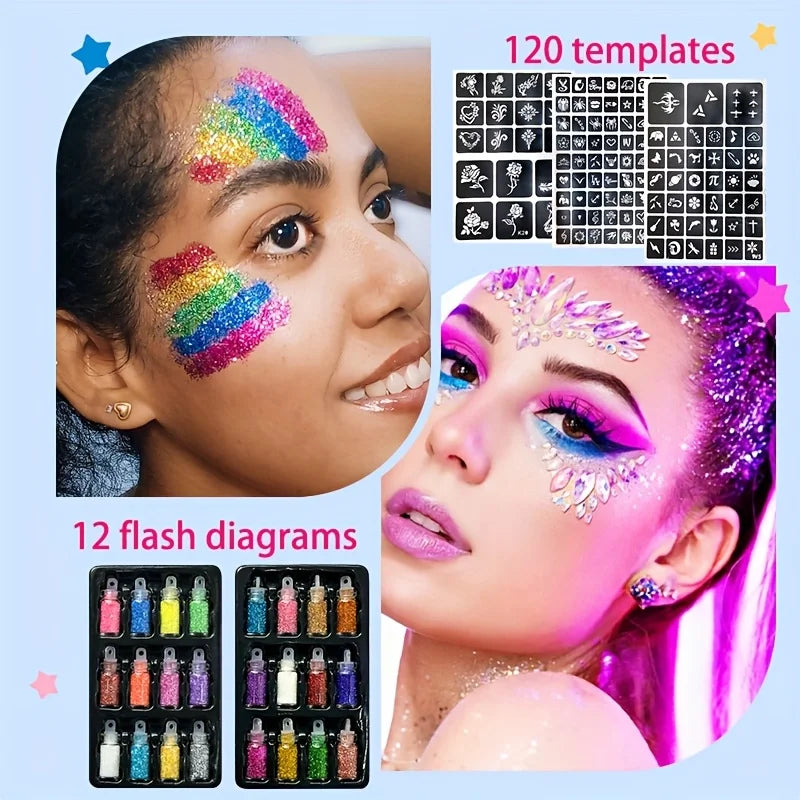 12-Color Temporary Glitter Tattoo and Body Art Kit - 5