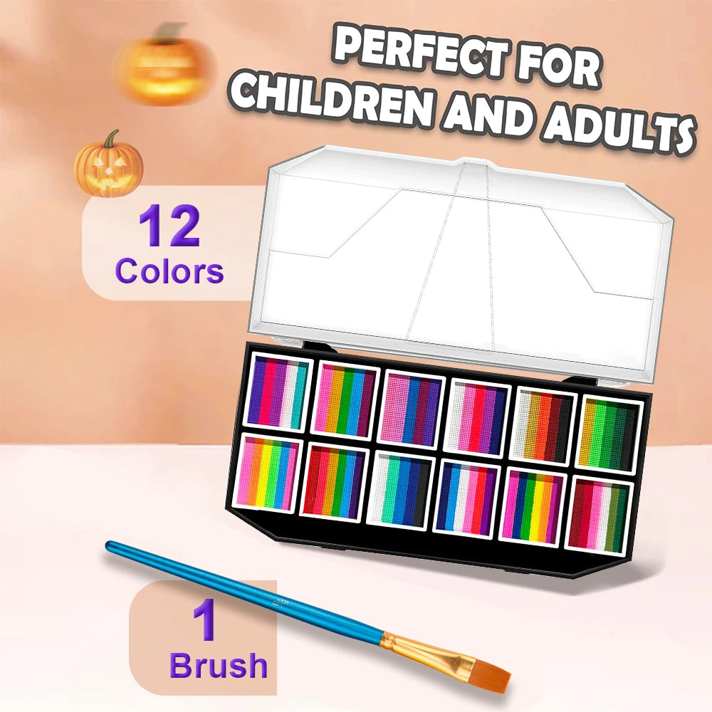 12-Color Rainbow Face and Body Paint Palette for Kids and Parties