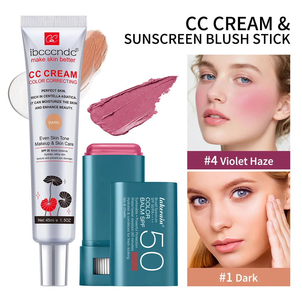 Color Correcting CC Cream and Sunscreen Blush Stick Set - 38