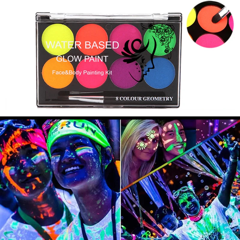 8-Color UV Glow Neon Face and Body Paint Palette