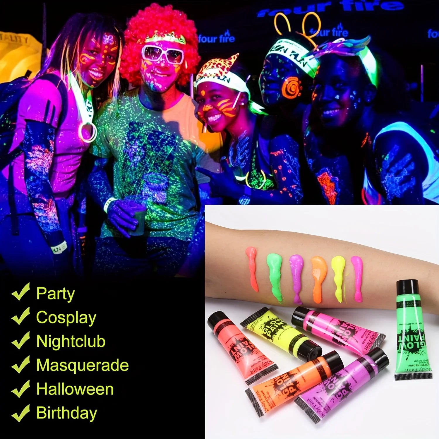 Neon UV Glow Face and Body Paint Set for Parties - 4