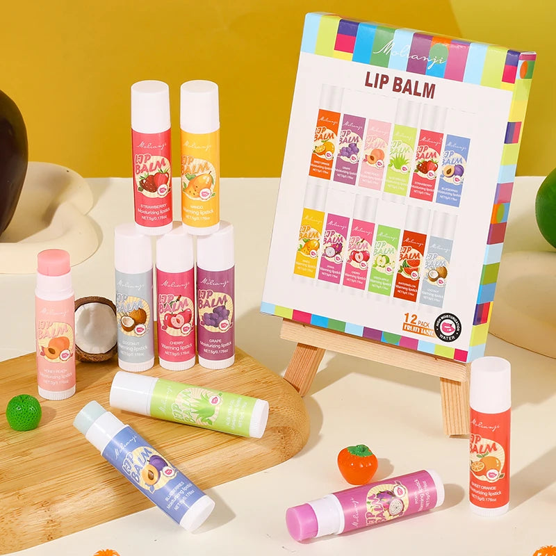 12-Piece Fruity Moisturizing Lip Balm Set for Dry Lips