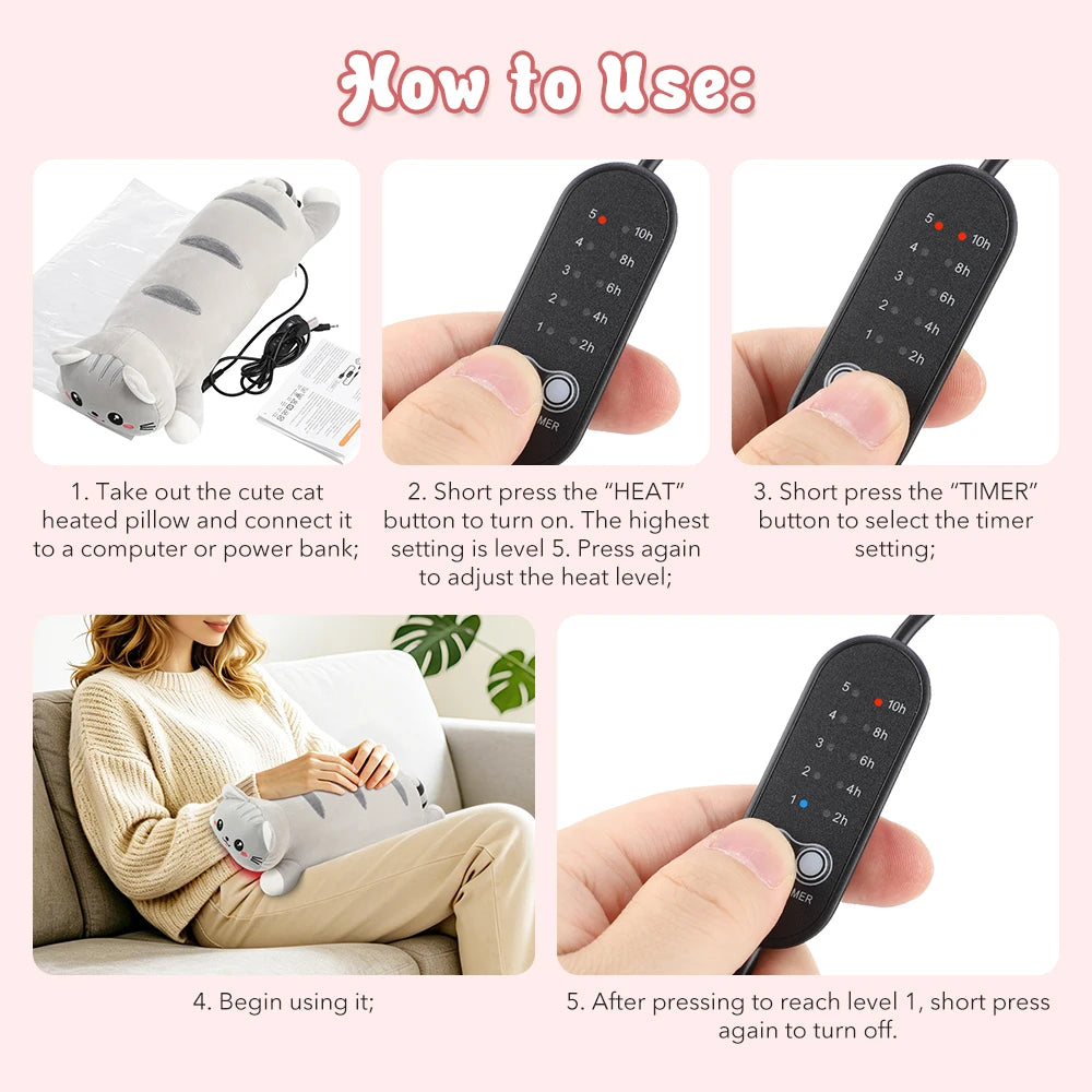 USB Heated Cat Plush Pillow for Period Cramps and Back Pain