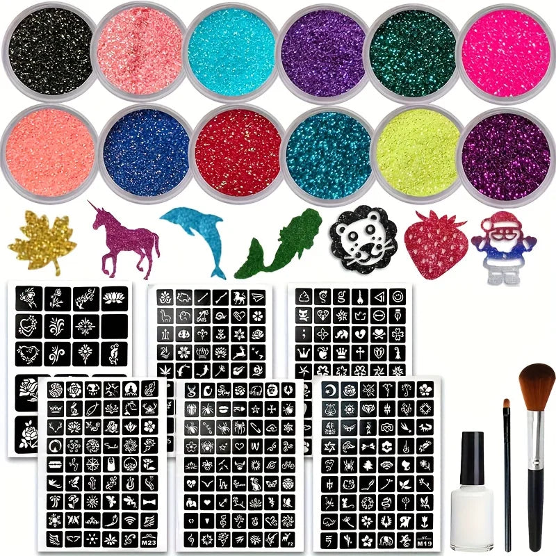 12-Color Glitter Temporary Tattoo and Body Art Kit