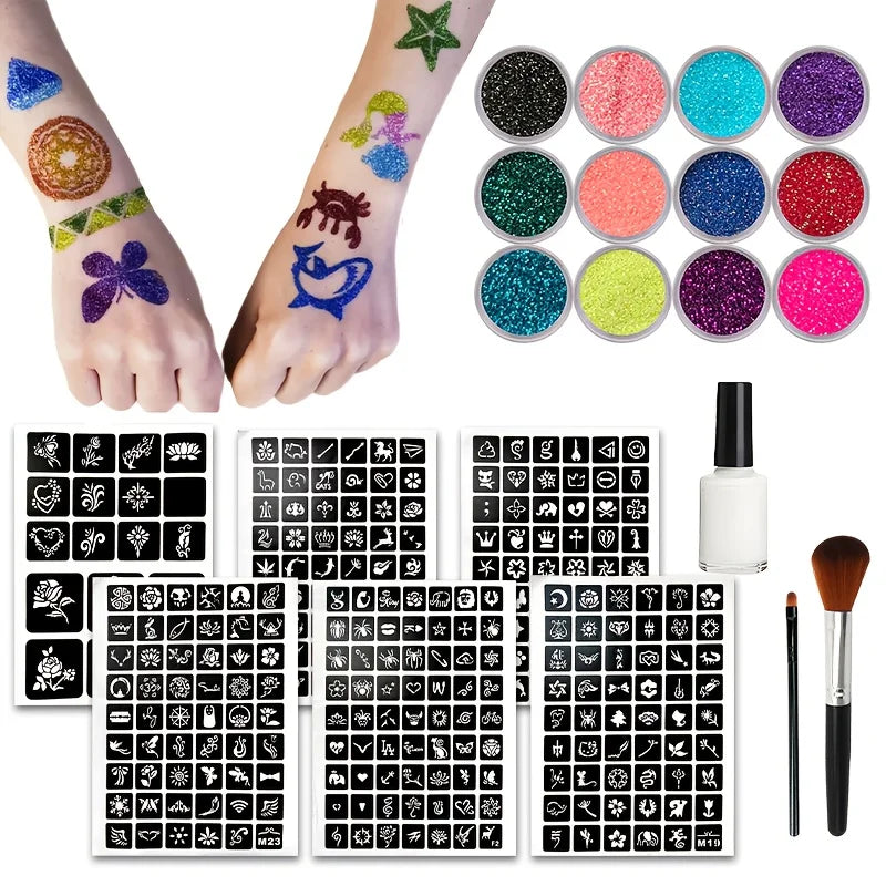 12-Color Glitter Temporary Tattoo and Body Art Kit