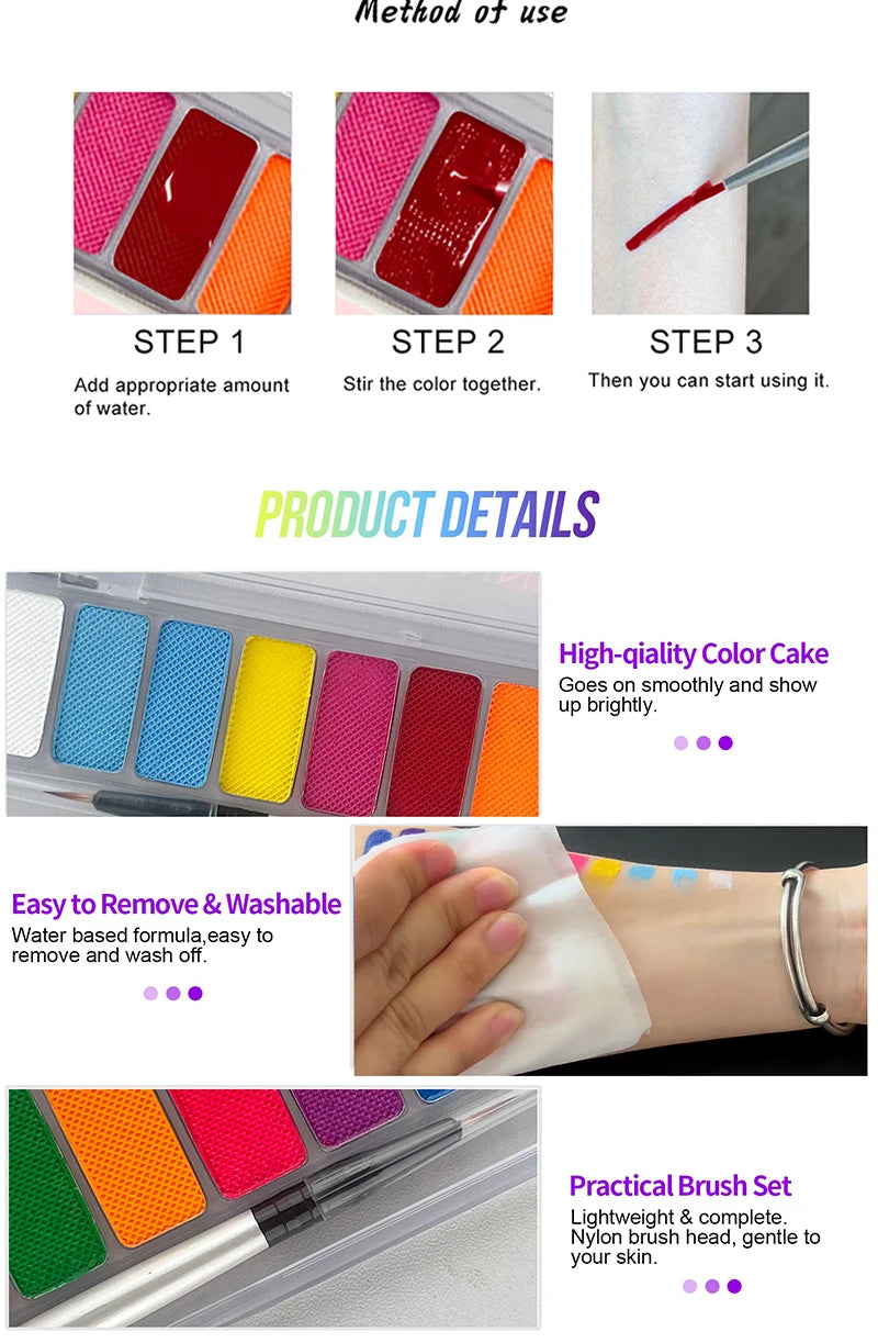 10-Color UV Glow Face and Body Paint Palette