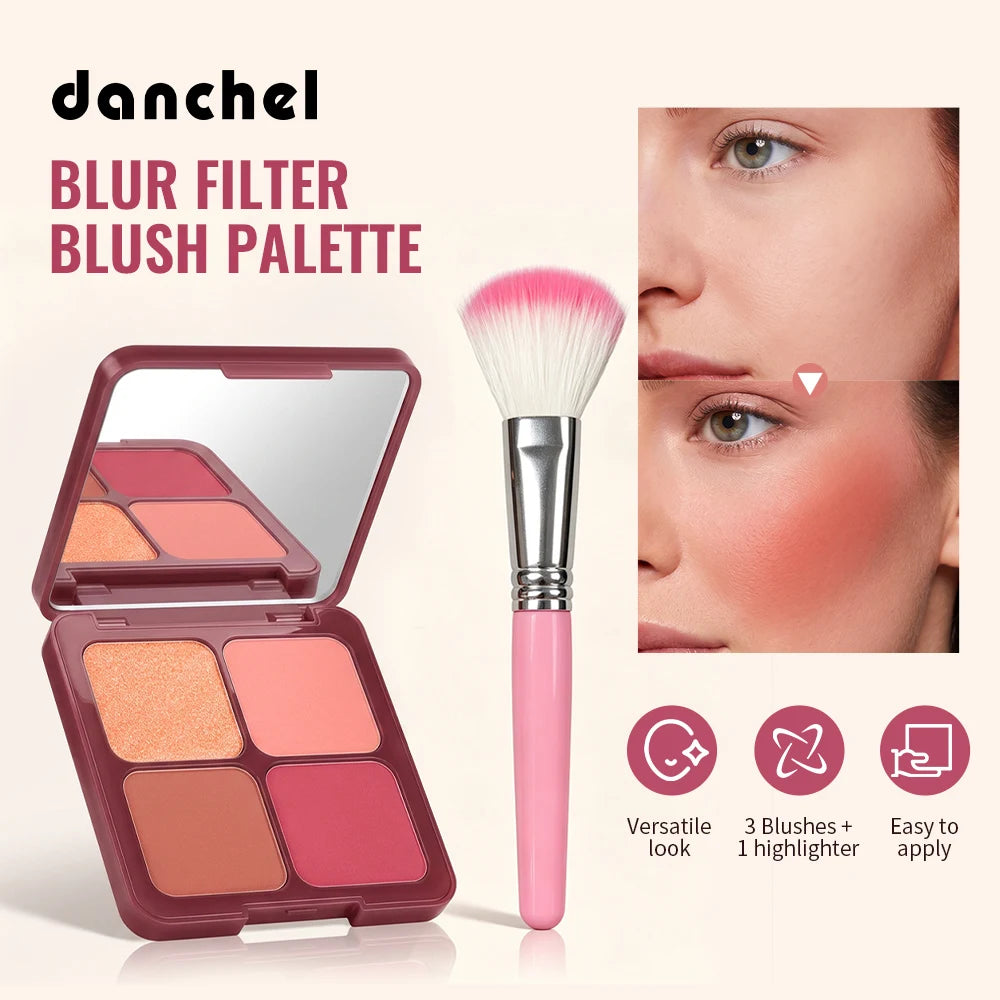4-Color Matte Blush Palette with Soft Makeup Brush - 2