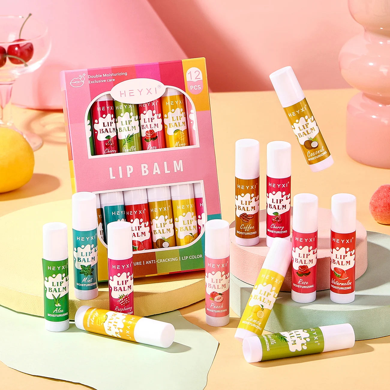 12-Piece Fruity Moisturizing Lip Balm Set for Dry Lips