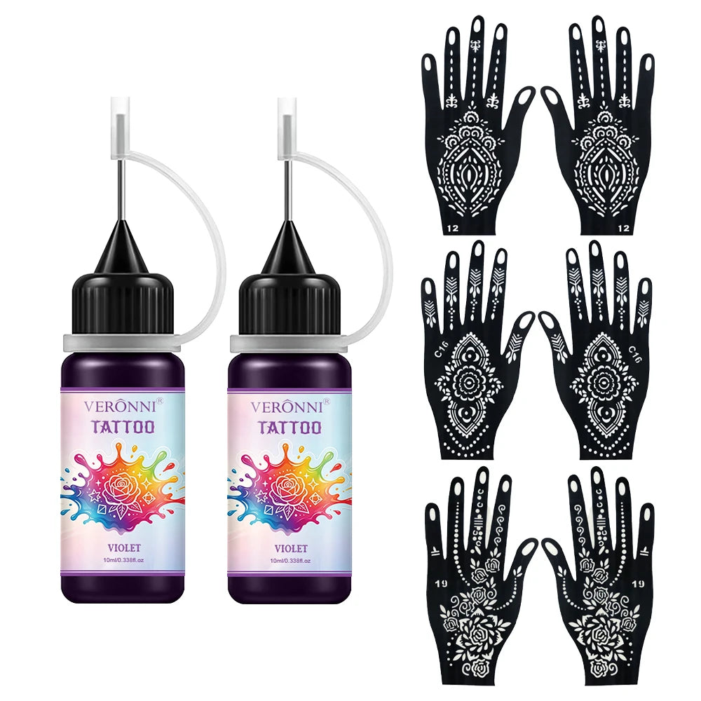 Temporary Tattoo Ink and Stencil Kit for Body Art