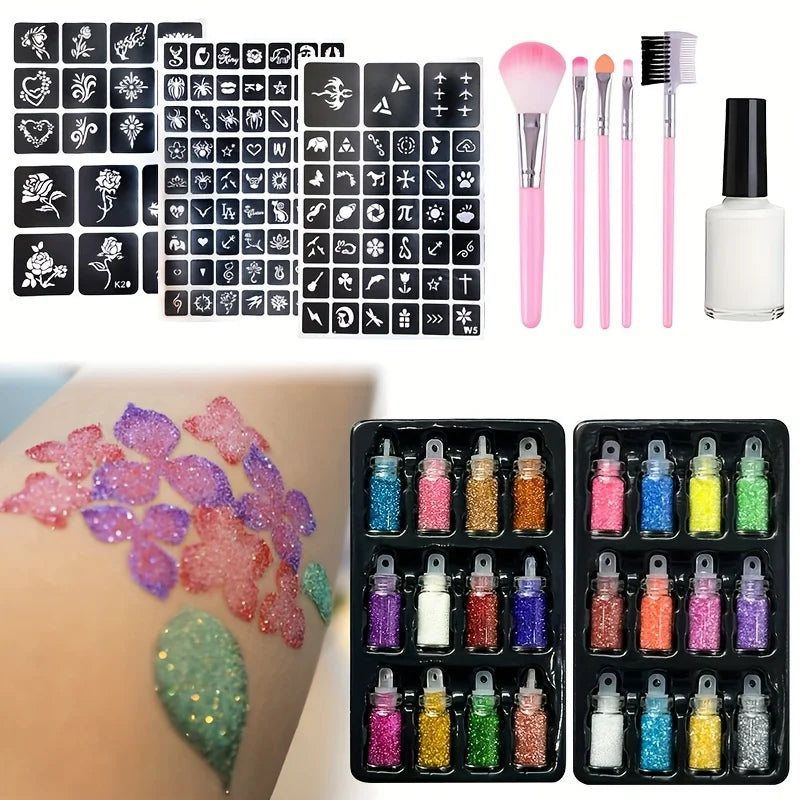24-Color Glitter Temporary Tattoo Kit with Stencils and Brushes