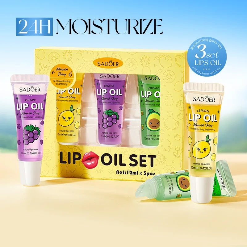 3-Piece Fruit Scented Hydrating Lip Oil Gloss Set