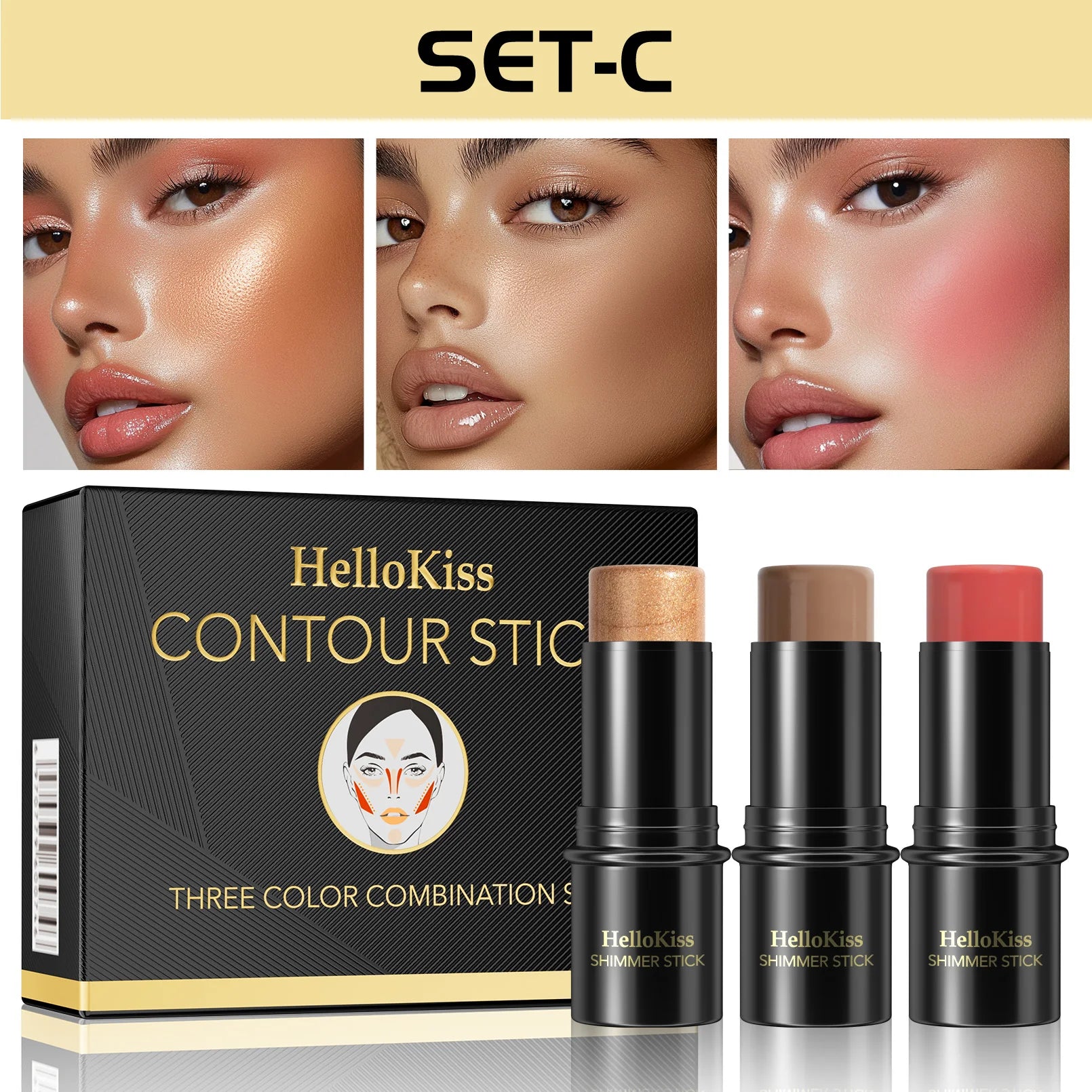 3-Piece Cream Contouring and Highlighting Makeup Stick Set