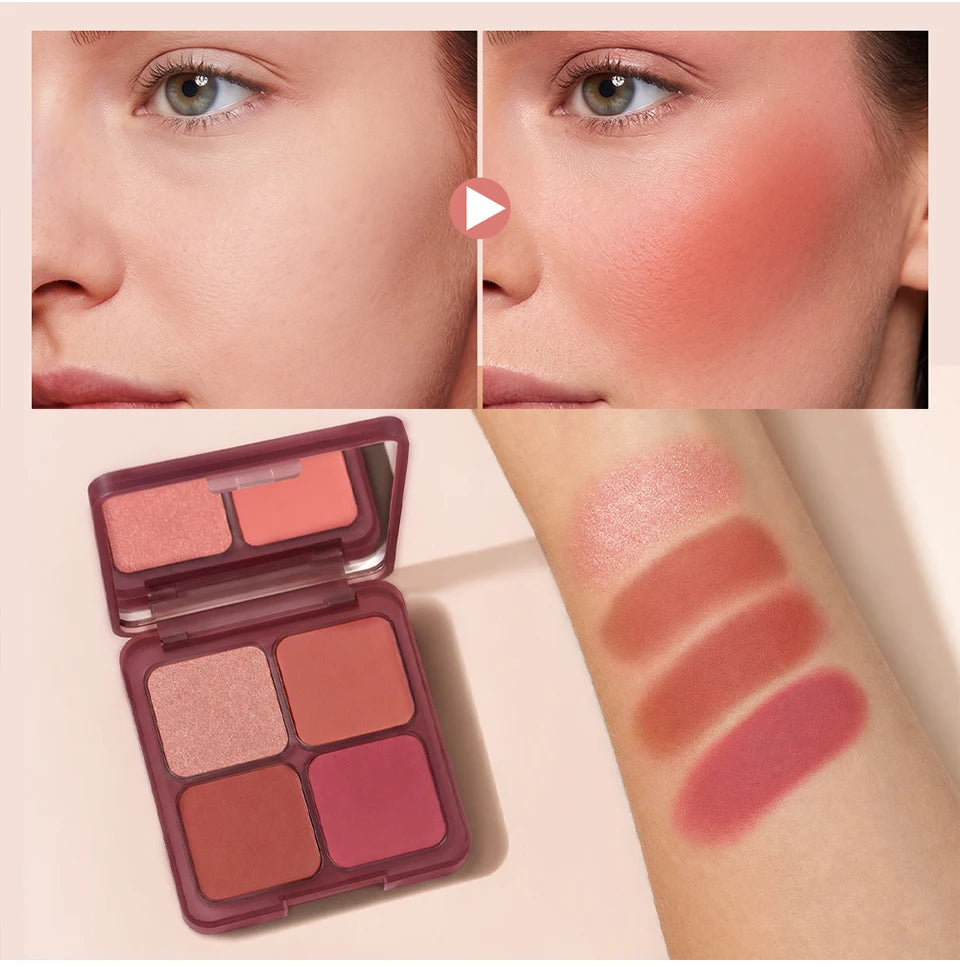 4-Color Matte Blush Palette with Soft Makeup Brush