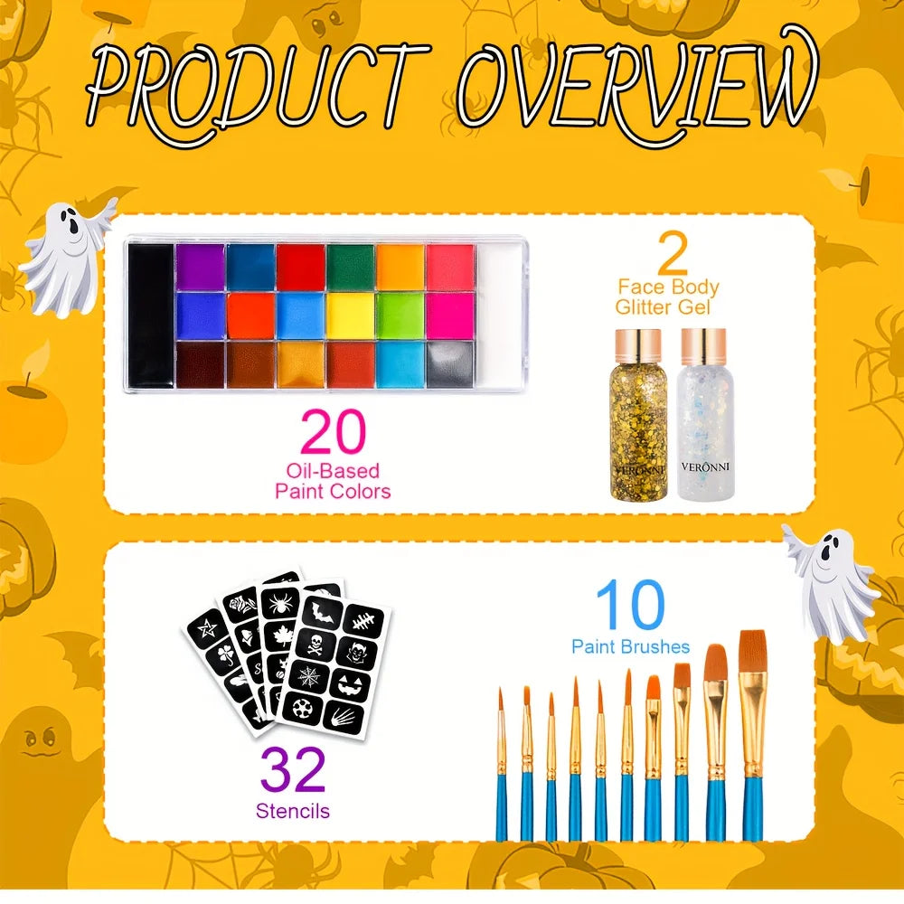 20-Color Professional Face and Body Paint Palette for Parties
