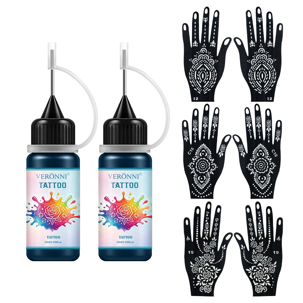 Temporary Tattoo Ink and Stencil Kit for Body Art