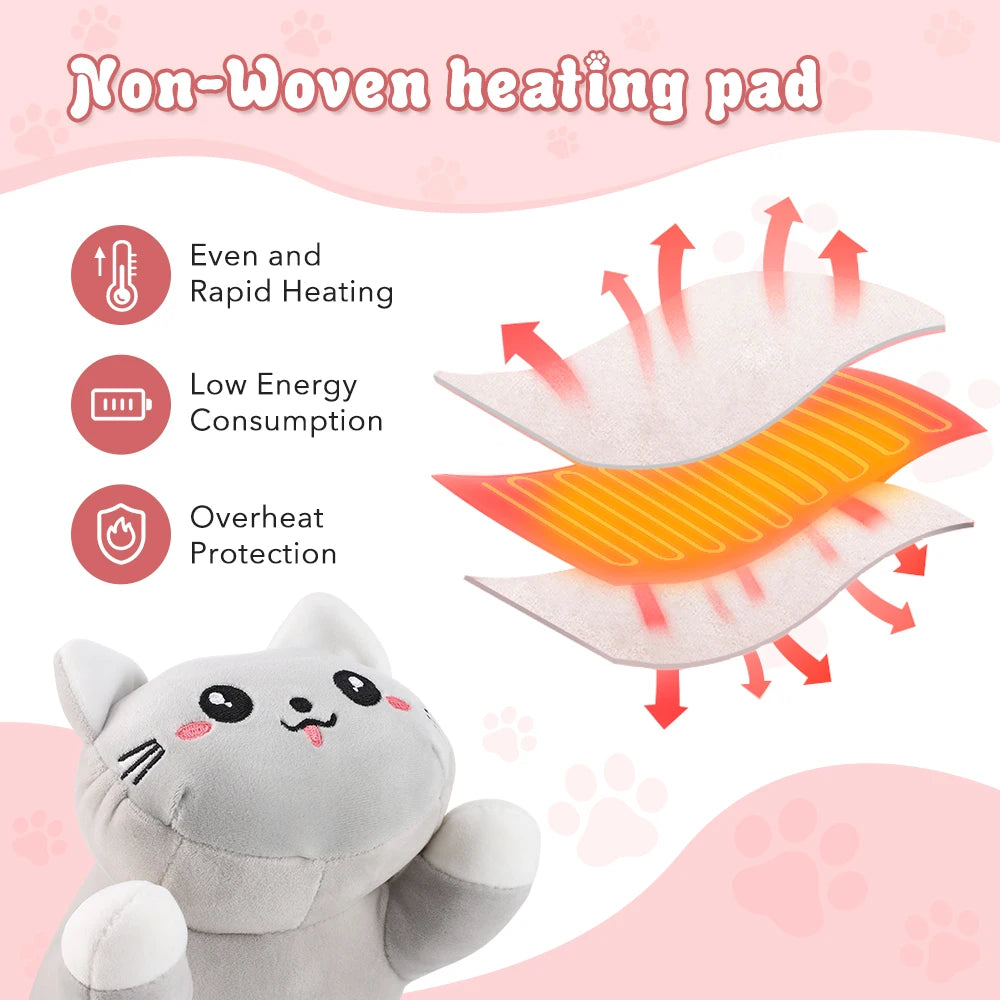 USB Heated Cat Plush Pillow for Period Cramps and Back Pain