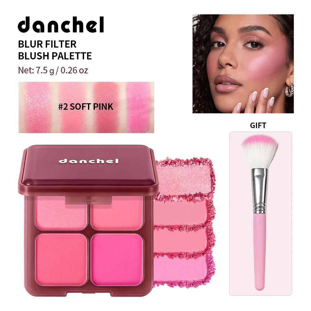 4-Color Matte Blush Palette with Soft Makeup Brush