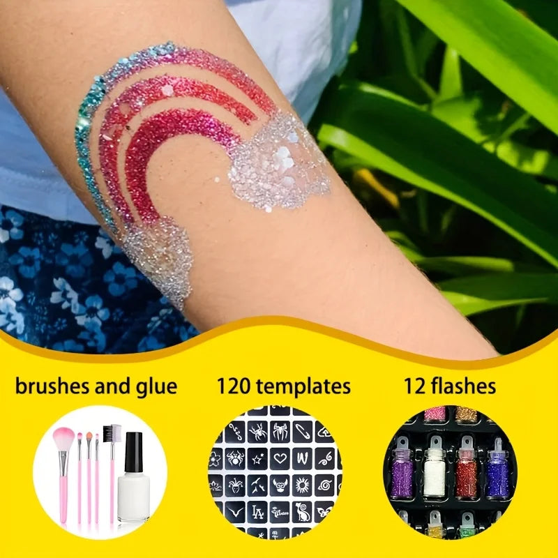 12-Color Temporary Glitter Tattoo and Body Art Kit - 4