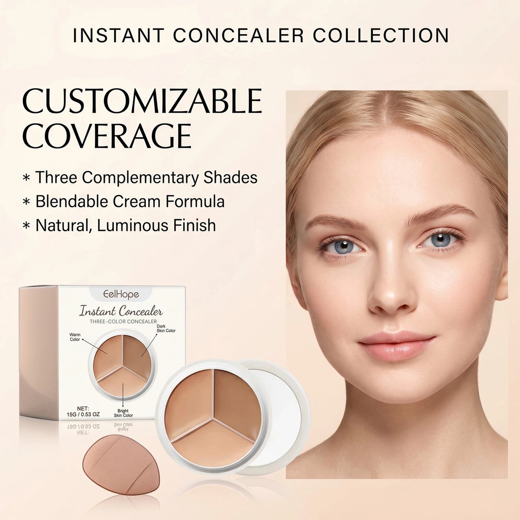 3-Color Cream Concealer Palette for Dark Circles and Blemishes