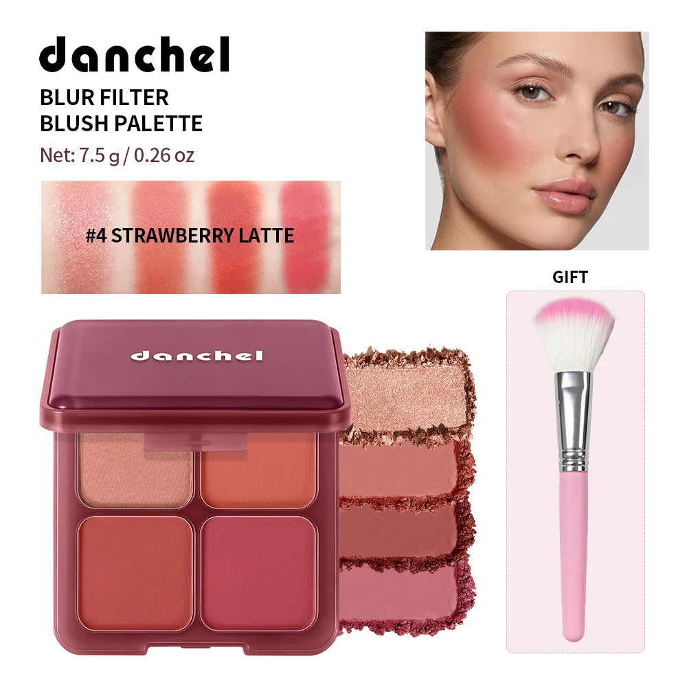 4-Color Matte Blush Palette with Soft Makeup Brush