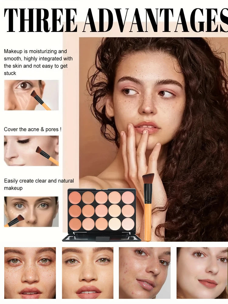 15-Color Professional Facial Concealer Palette and Brush