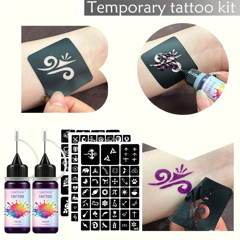 Temporary Tattoo Ink Kit with Stencils for DIY Body Art