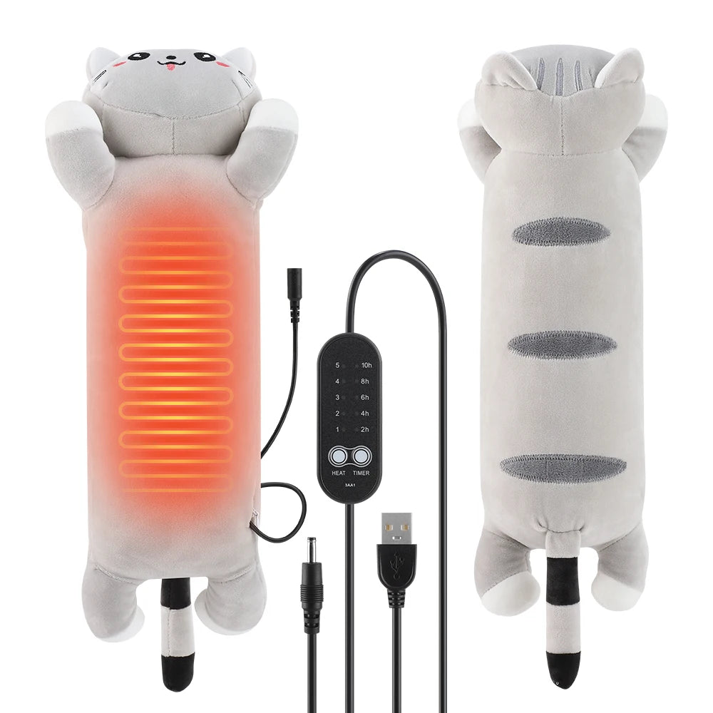USB Heated Cat Plush Pillow for Period Cramps and Back Pain