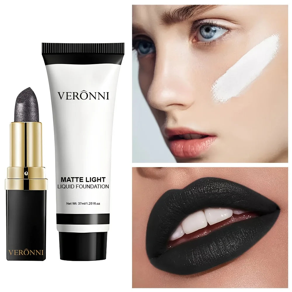 Halloween Matte White Foundation and Black Glitter Lipstick Set - 11