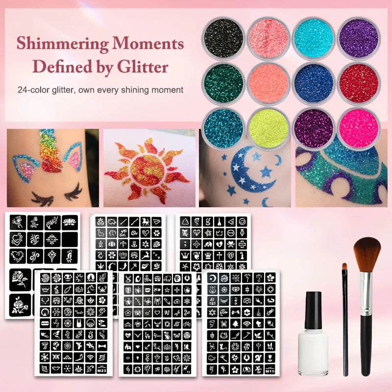 12-Color Glitter Temporary Tattoo and Body Art Kit