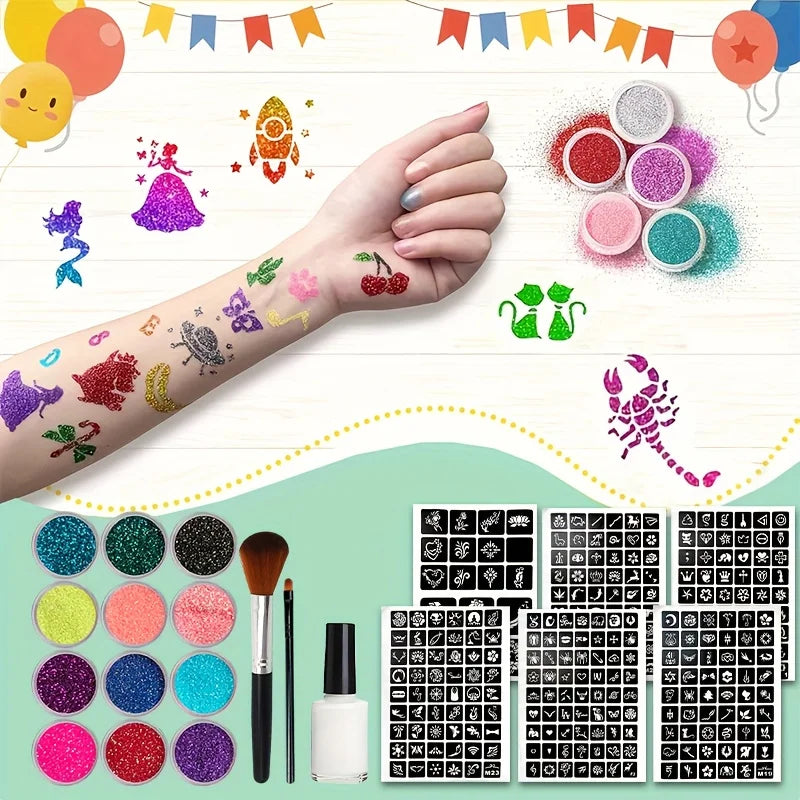 12-Color Glitter Temporary Tattoo and Body Art Kit